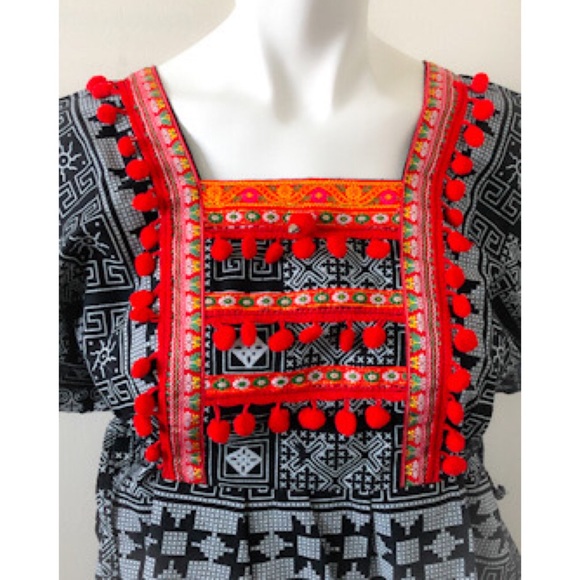 Thai Free Size Black and White Boho Festival Dress With Red Pom Poms - Picture 2 of 7